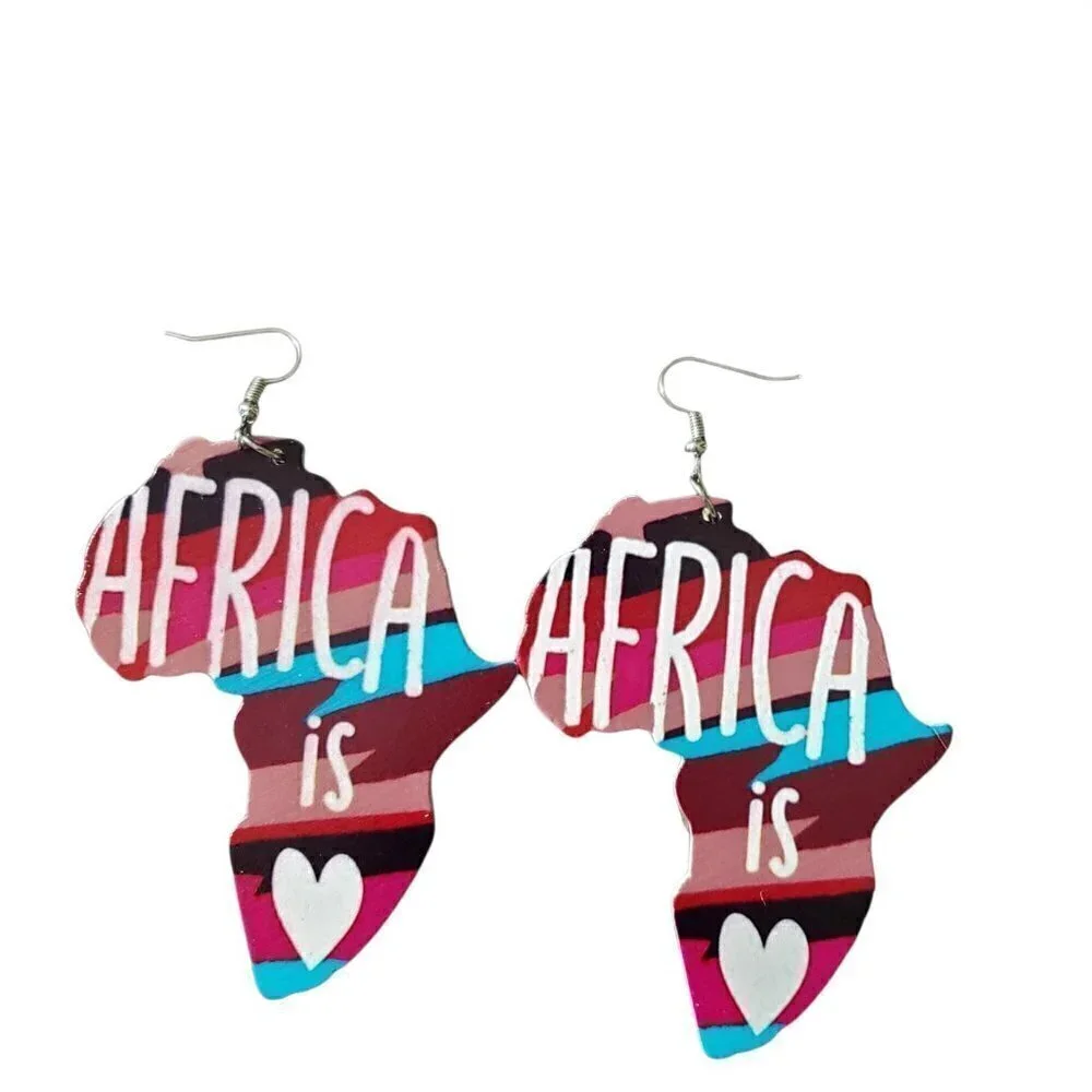 Womens Africa is Love Painted African American Wooden Round Retro Hook Earrings